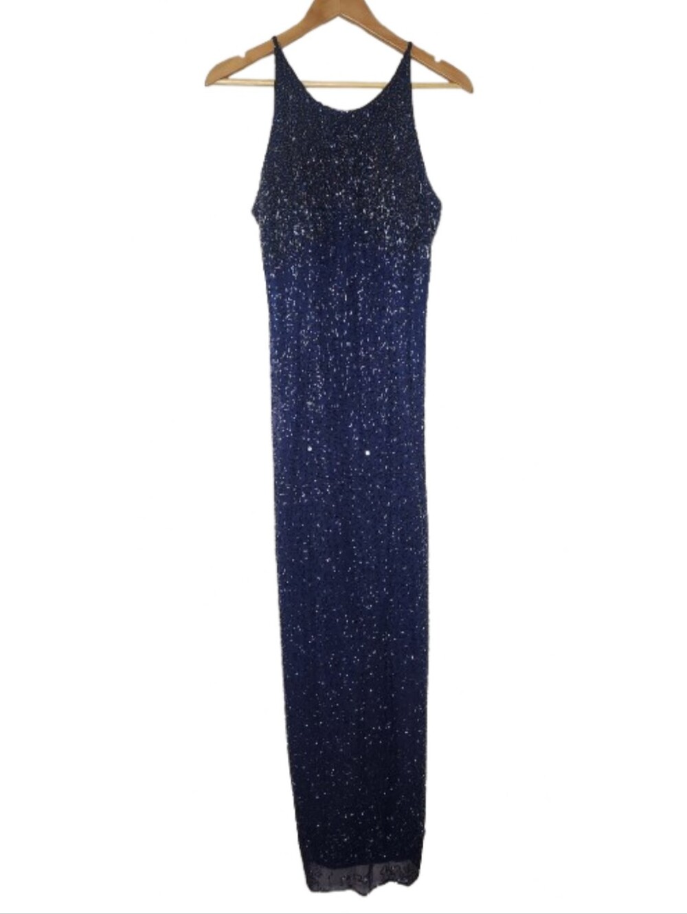 VTG Sean Collection Womens Large Silk Blue Beaded Maxi Dress Prom Slit